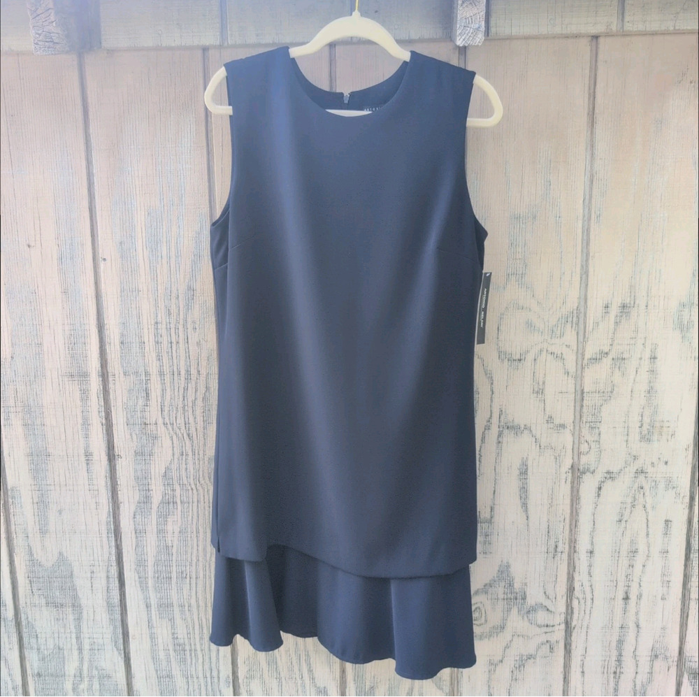 Antonio Melani NWT Solid Navy Lined Sleeveless Flounce Shift Dress Women's 12